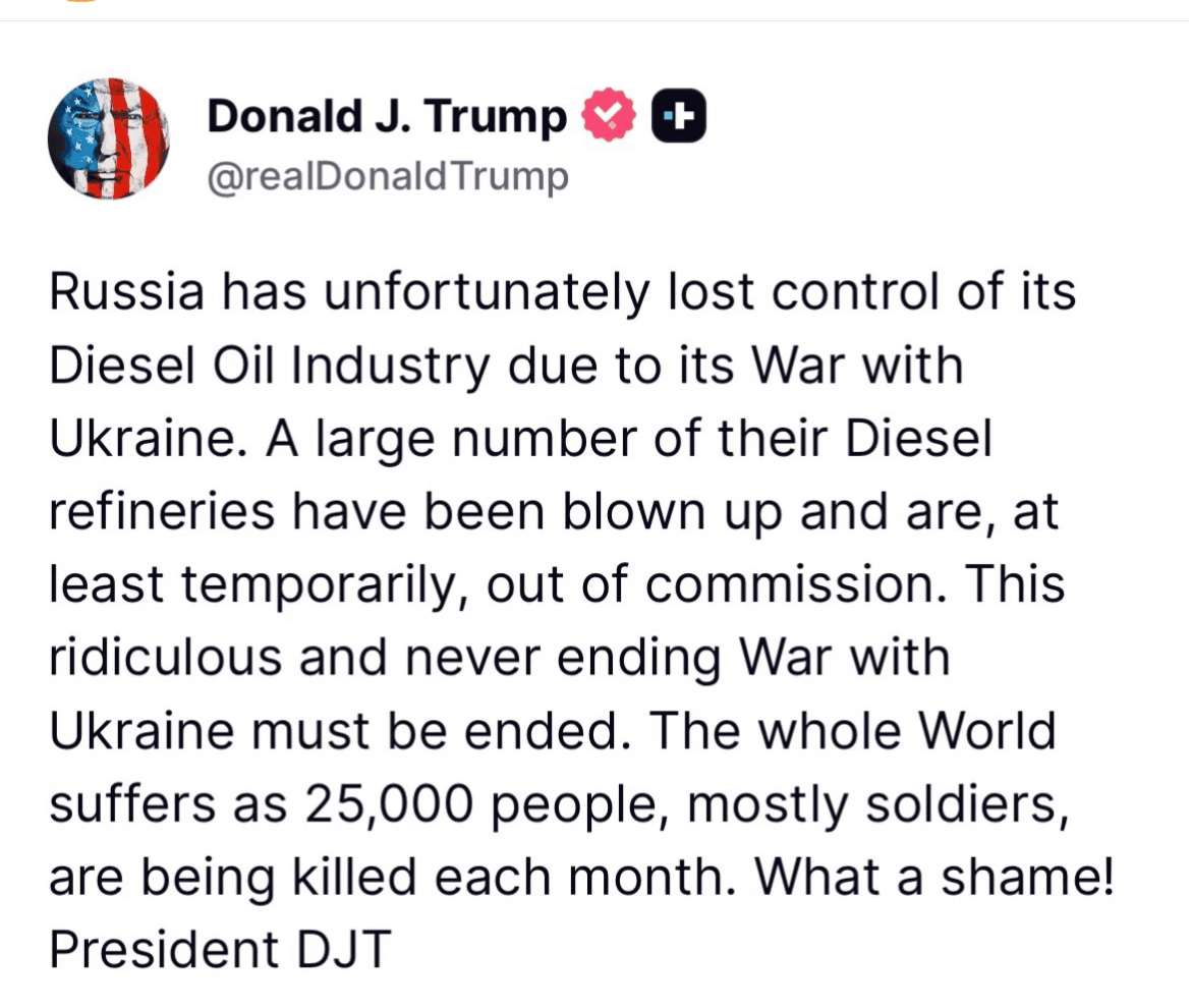 Trump Cites Russia's Refinery Losses, Proposes an Energy-Strike Truce Ahead of Zelensky Meeting