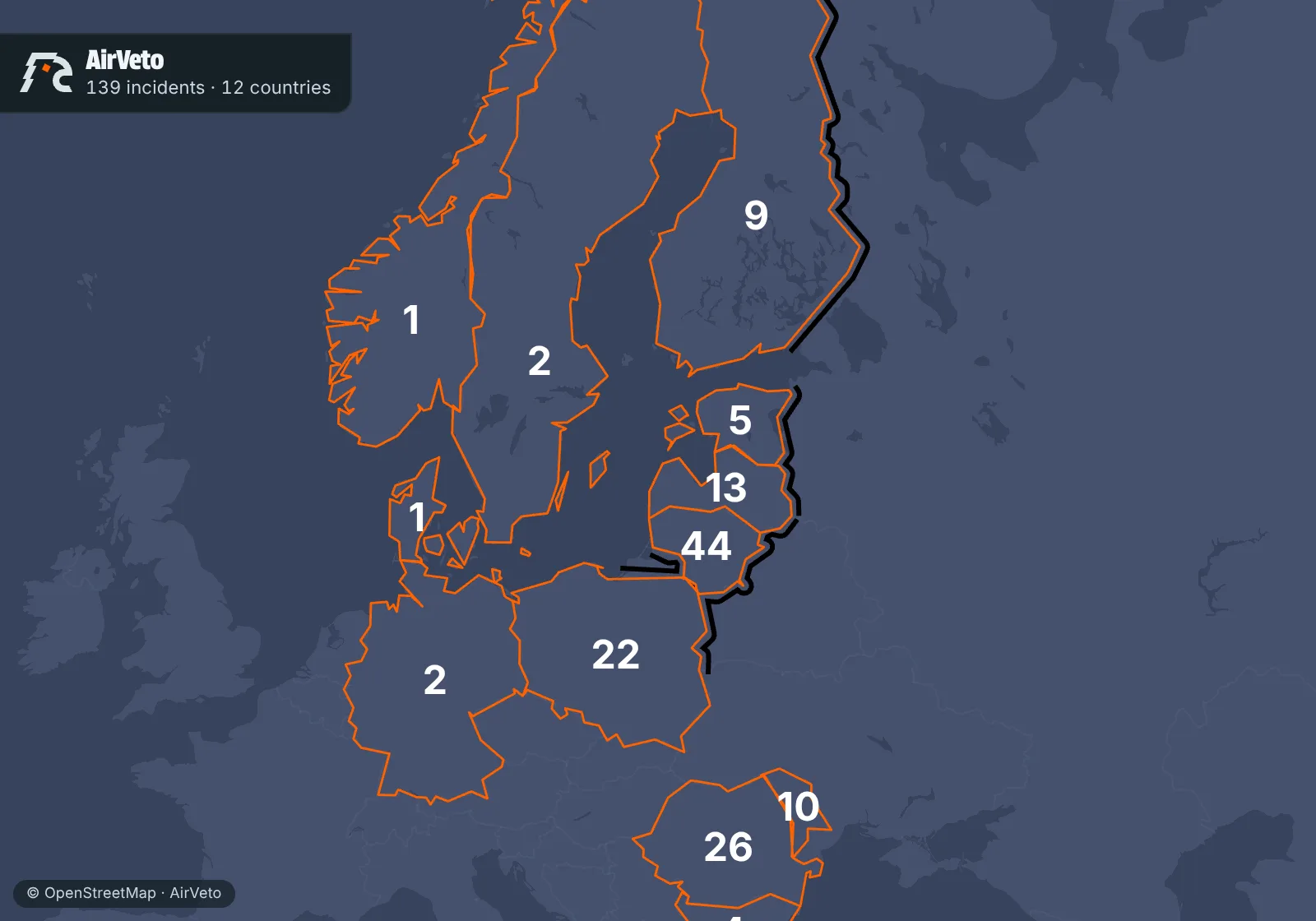 Map of the EU's eastern border with incident counts per country: Lithuania 44, Romania 26, Poland 22, Latvia 13, Moldova 10, Finland 9, Estonia 5, Bulgaria 4, Sweden 2, Germany 2, Denmark 1, Norway 1