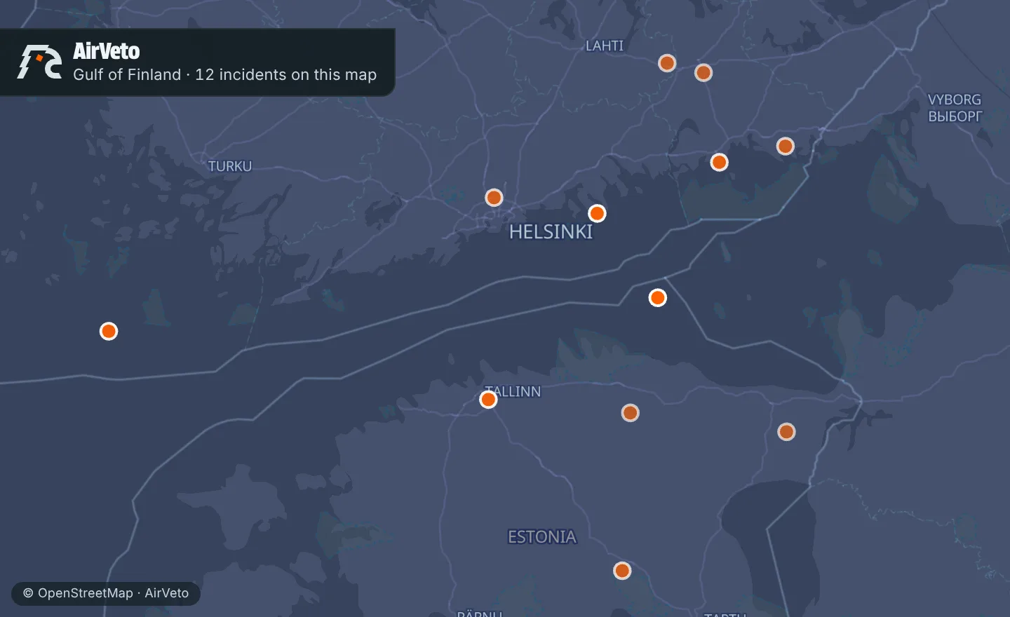 Map of Gulf of Finland with 12 incidents marked