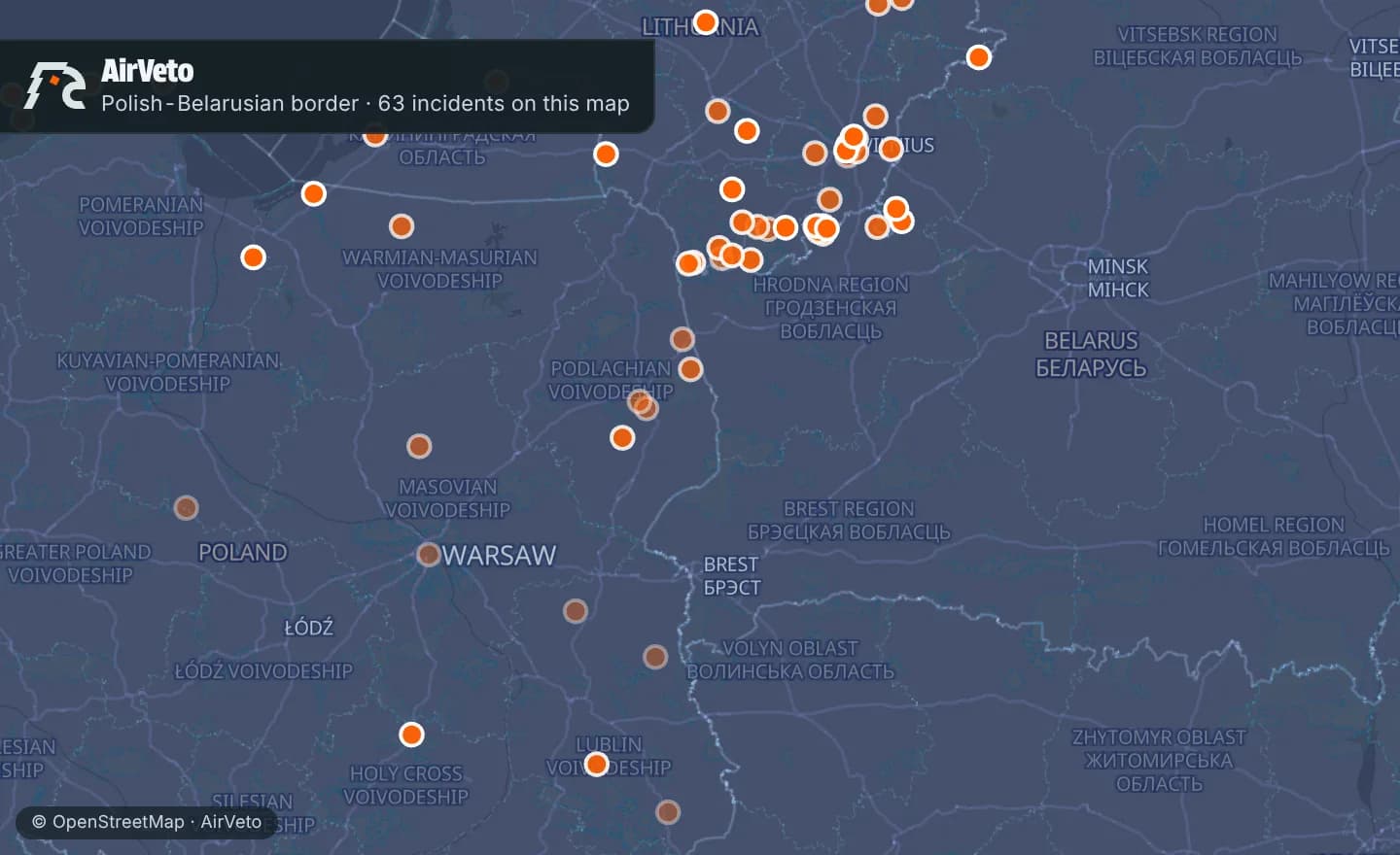 Map of Polish-Belarusian border with 63 incidents marked