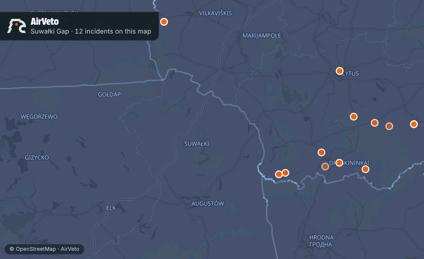 Map of Suwałki Gap with 12 incidents marked