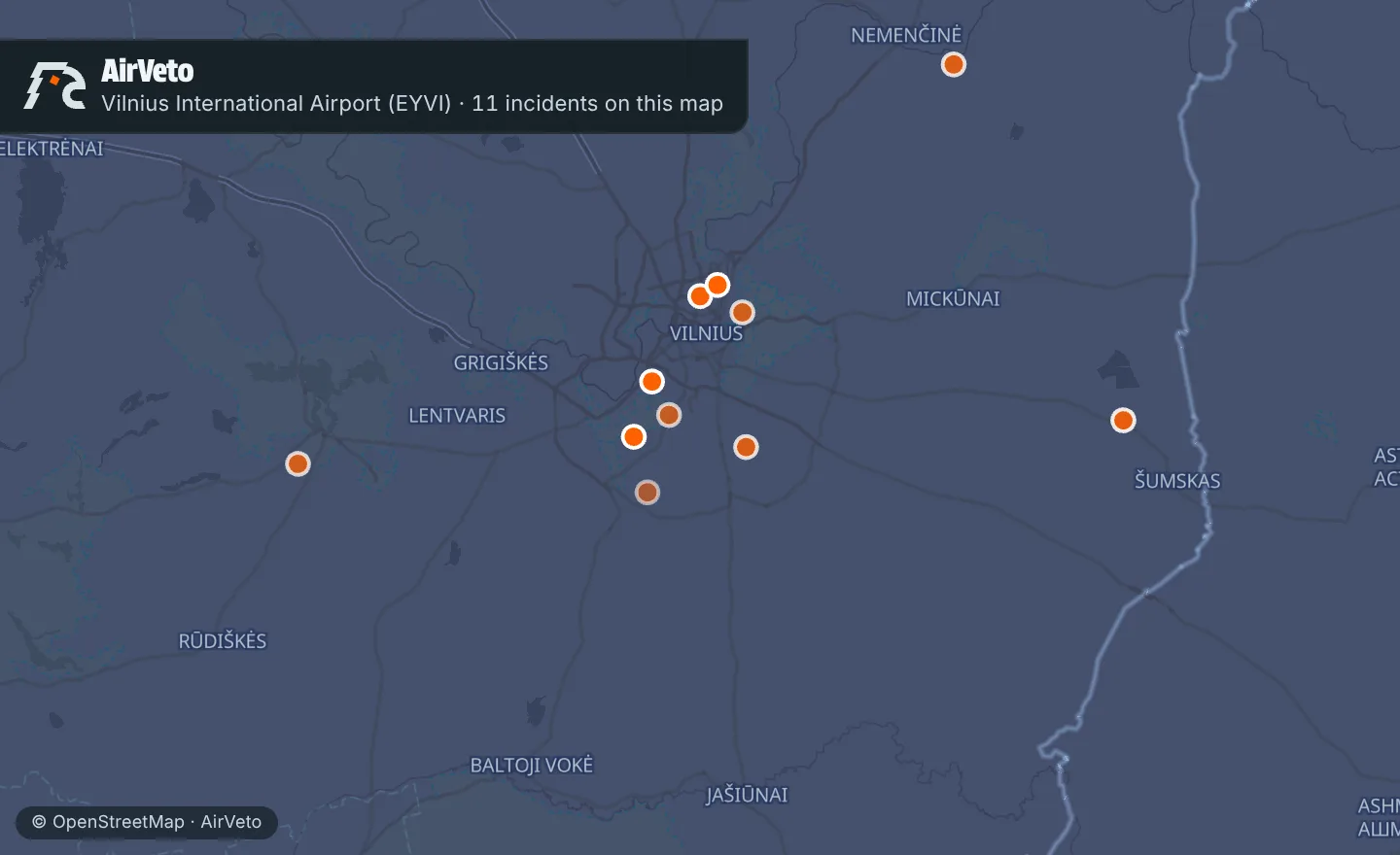 Map of Vilnius International Airport (EYVI) with 11 incidents marked