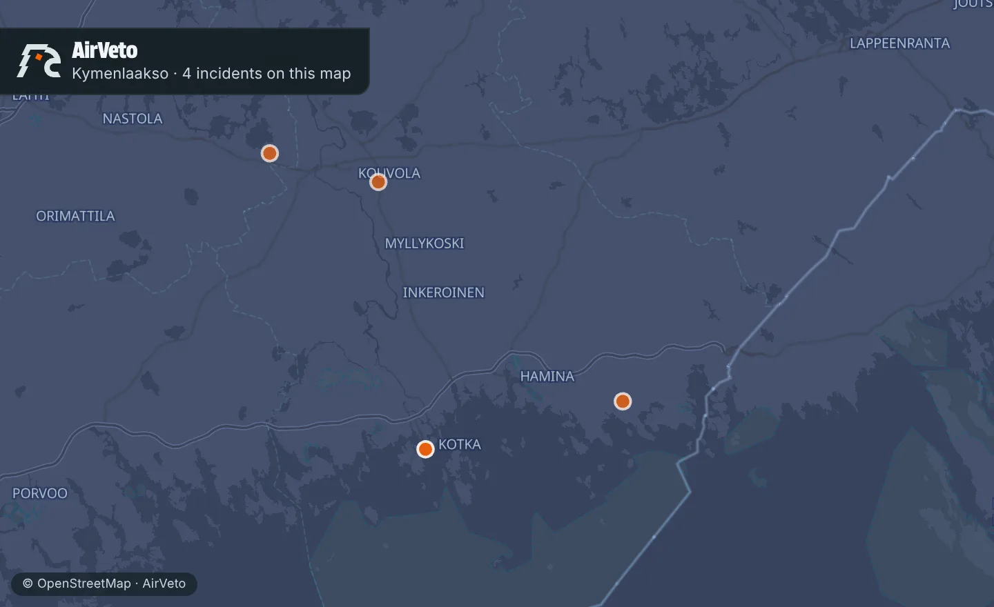 Map of Kymenlaakso, Finland with 4 incidents marked