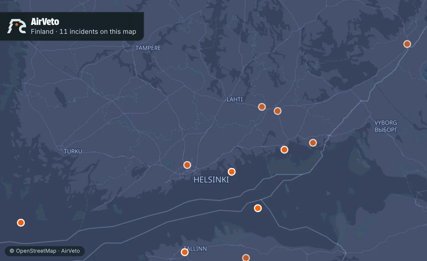 Map of Finland with 11 incidents marked