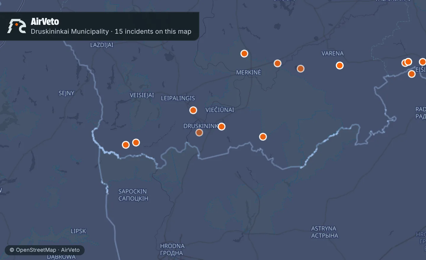 Map of Druskininkai Municipality, Lithuania with 15 incidents marked