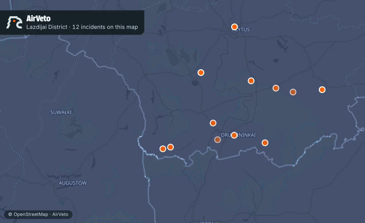 Map of Lazdijai District, Lithuania with 12 incidents marked