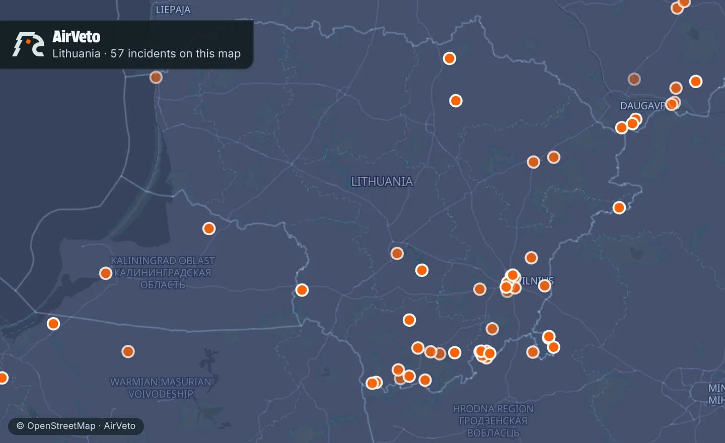 Map of Lithuania with 57 incidents marked