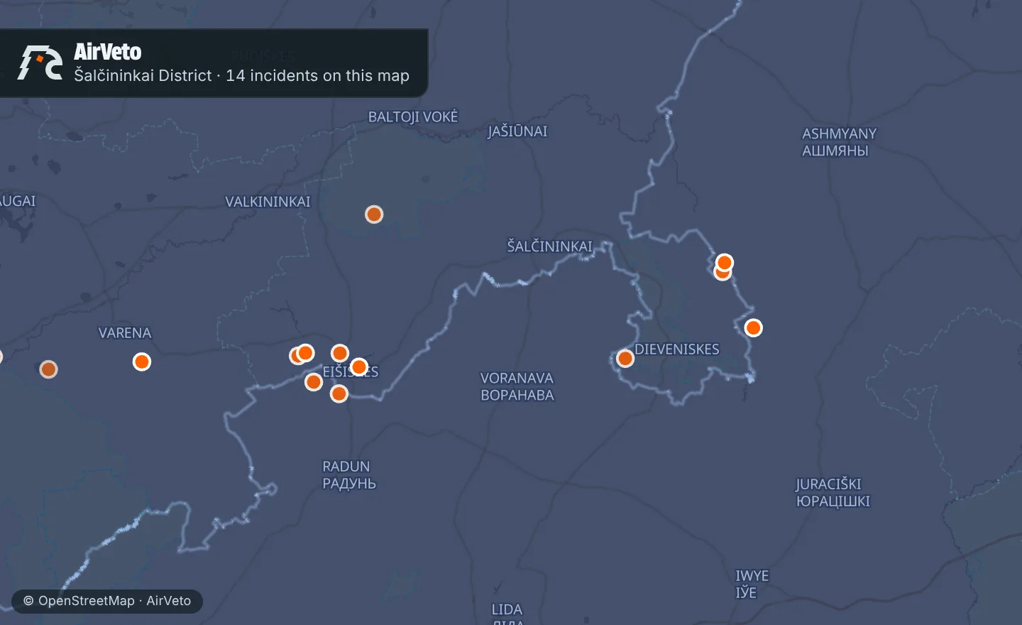 Map of Šalčininkai District, Lithuania with 14 incidents marked