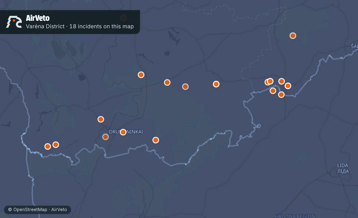 Map of Varėna District, Lithuania with 18 incidents marked