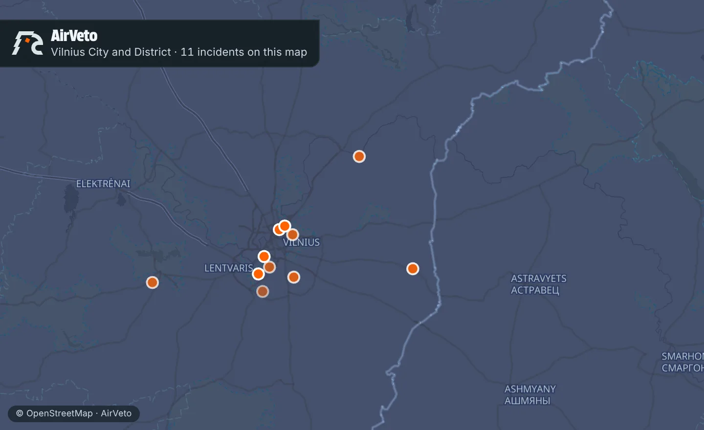 Map of Vilnius City and District, Lithuania with 11 incidents marked
