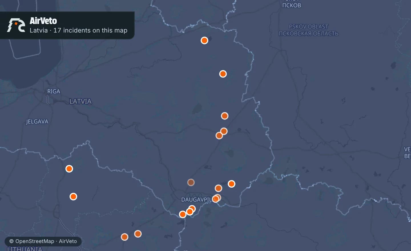 Map of Latvia with 17 incidents marked