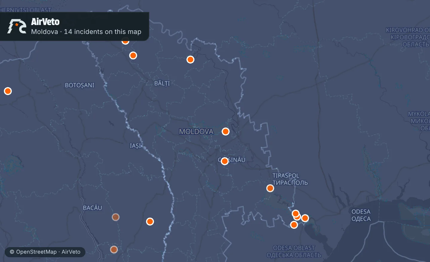 Map of Moldova with 14 incidents marked