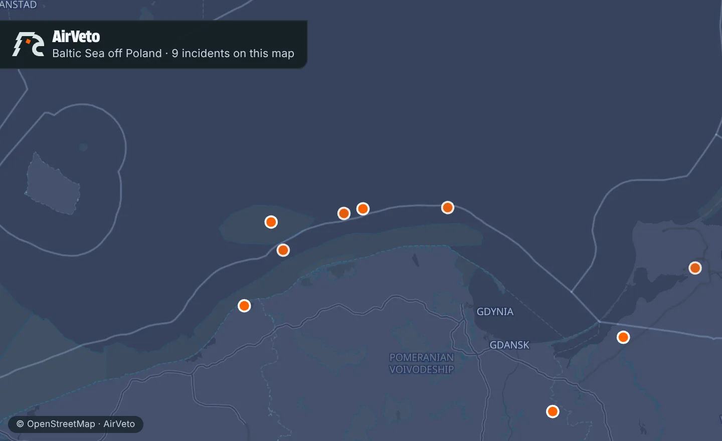 Map of the Baltic Sea off Poland with 9 incidents marked