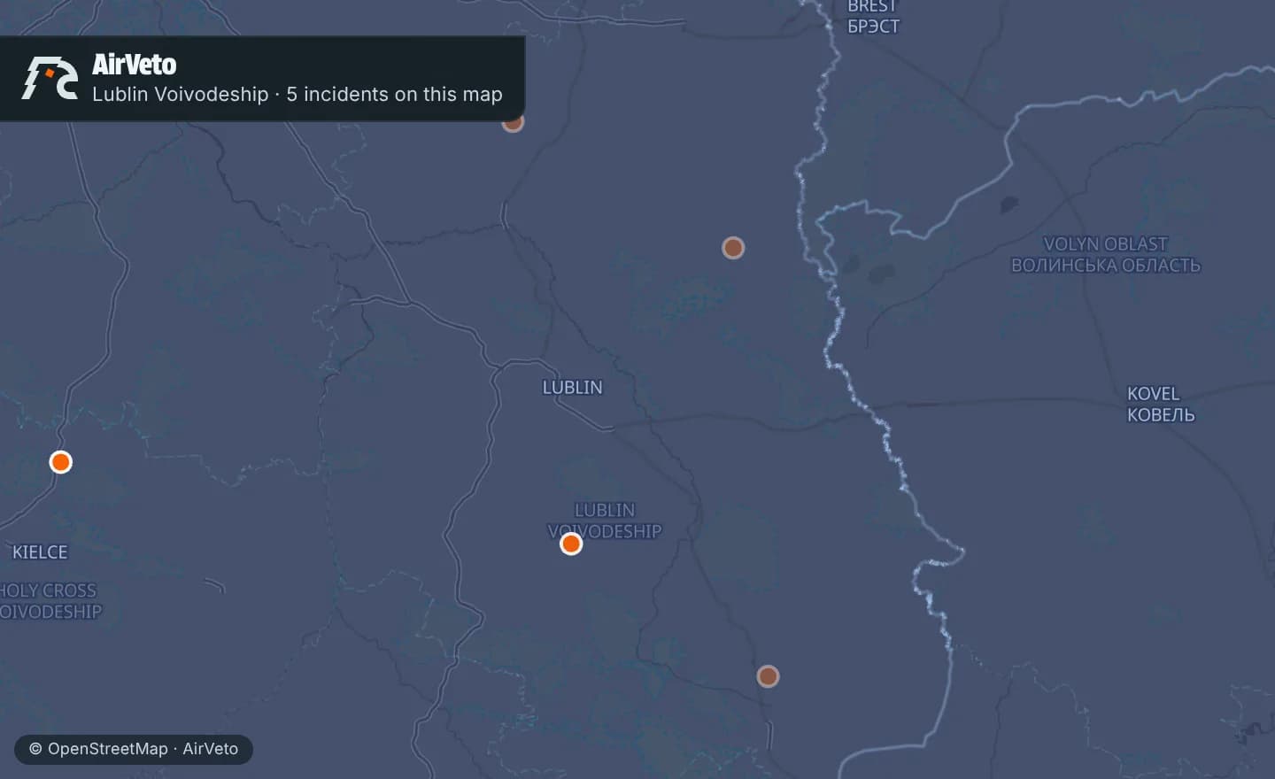 Map of Lublin Voivodeship, Poland with 5 incidents marked
