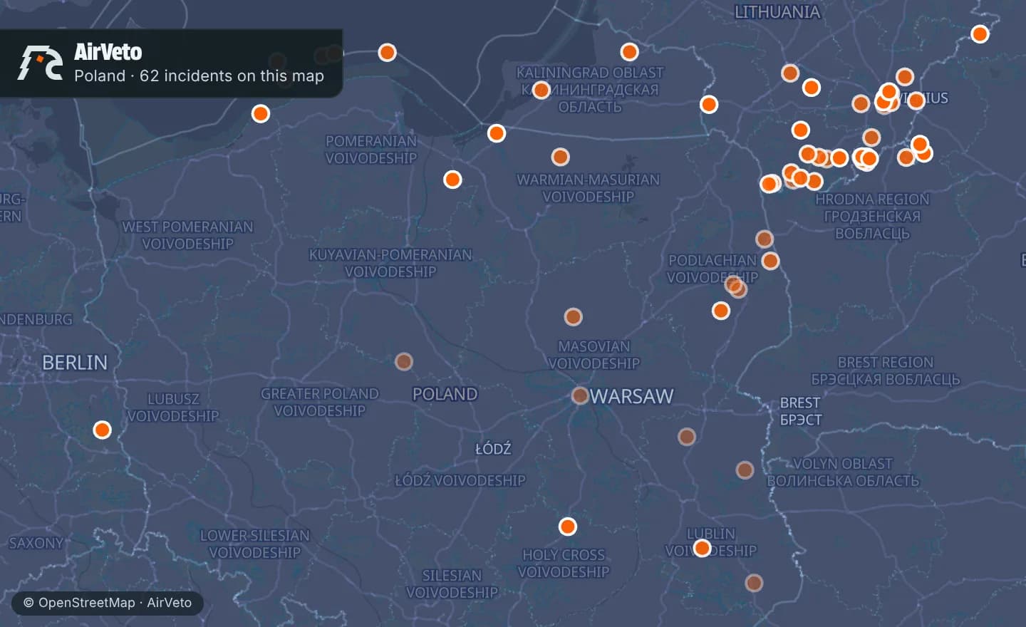 Map of Poland with 62 incidents marked