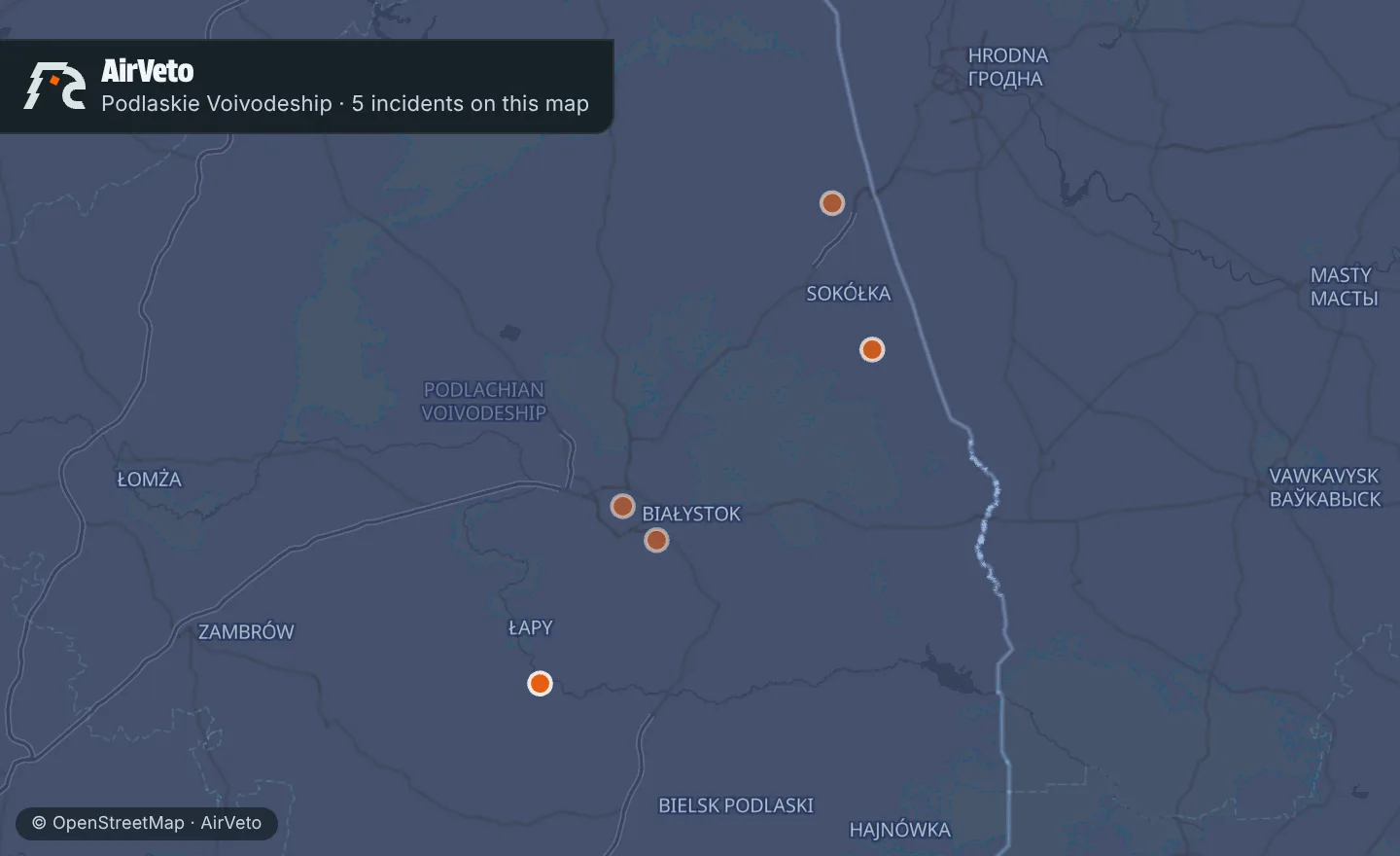 Map of Podlaskie Voivodeship, Poland with 5 incidents marked