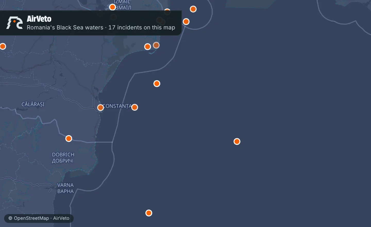 Map of Romania's Black Sea waters with 17 incidents marked