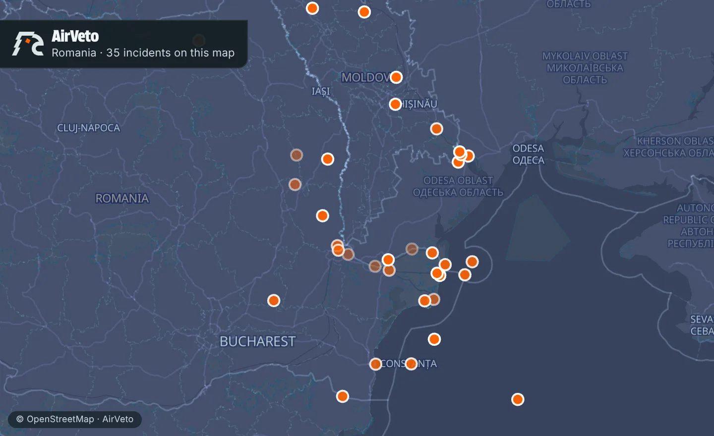 Map of Romania with 35 incidents marked
