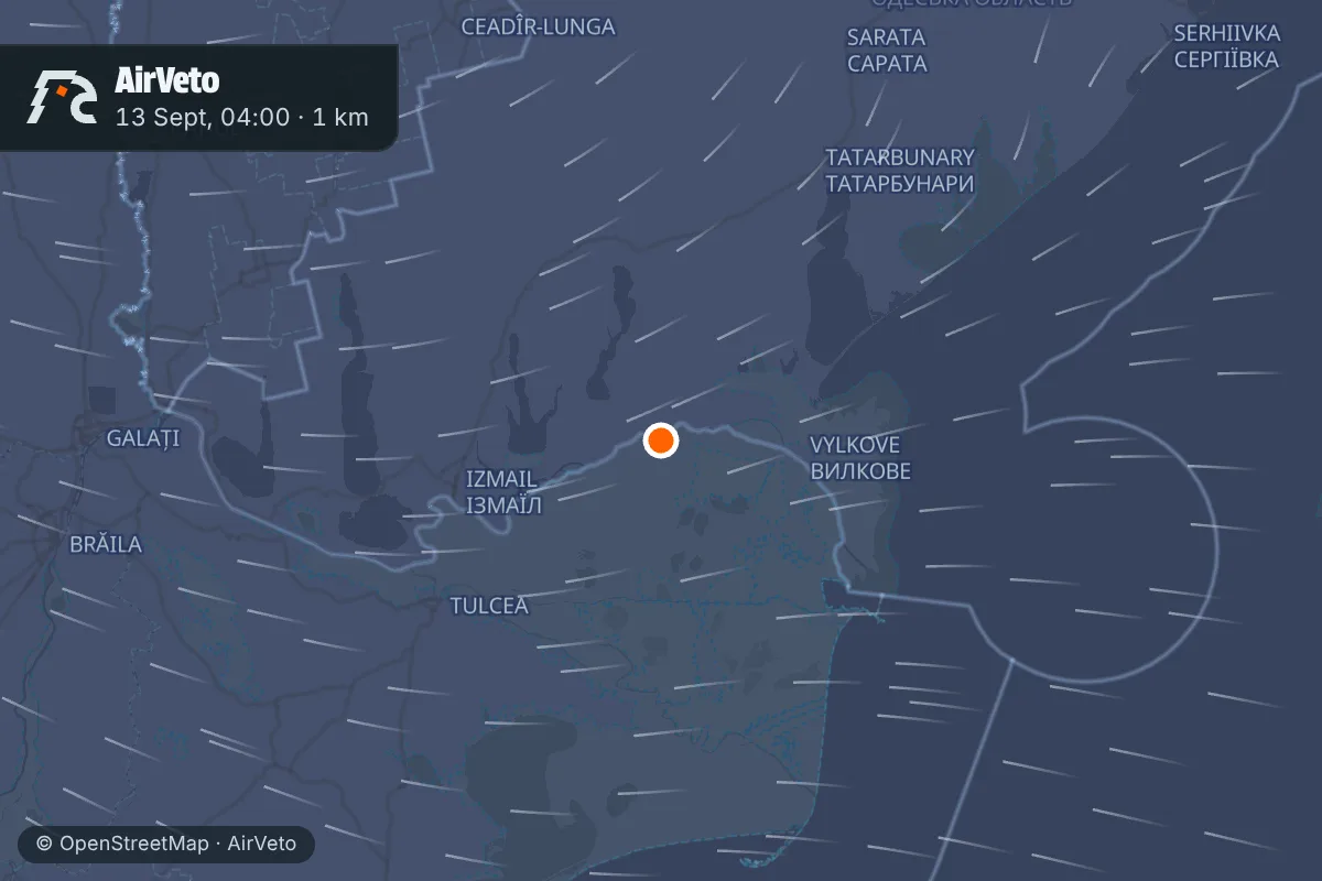 Wind at the time of: Drone loiters over Chilia Veche, Romania for 50 minutes