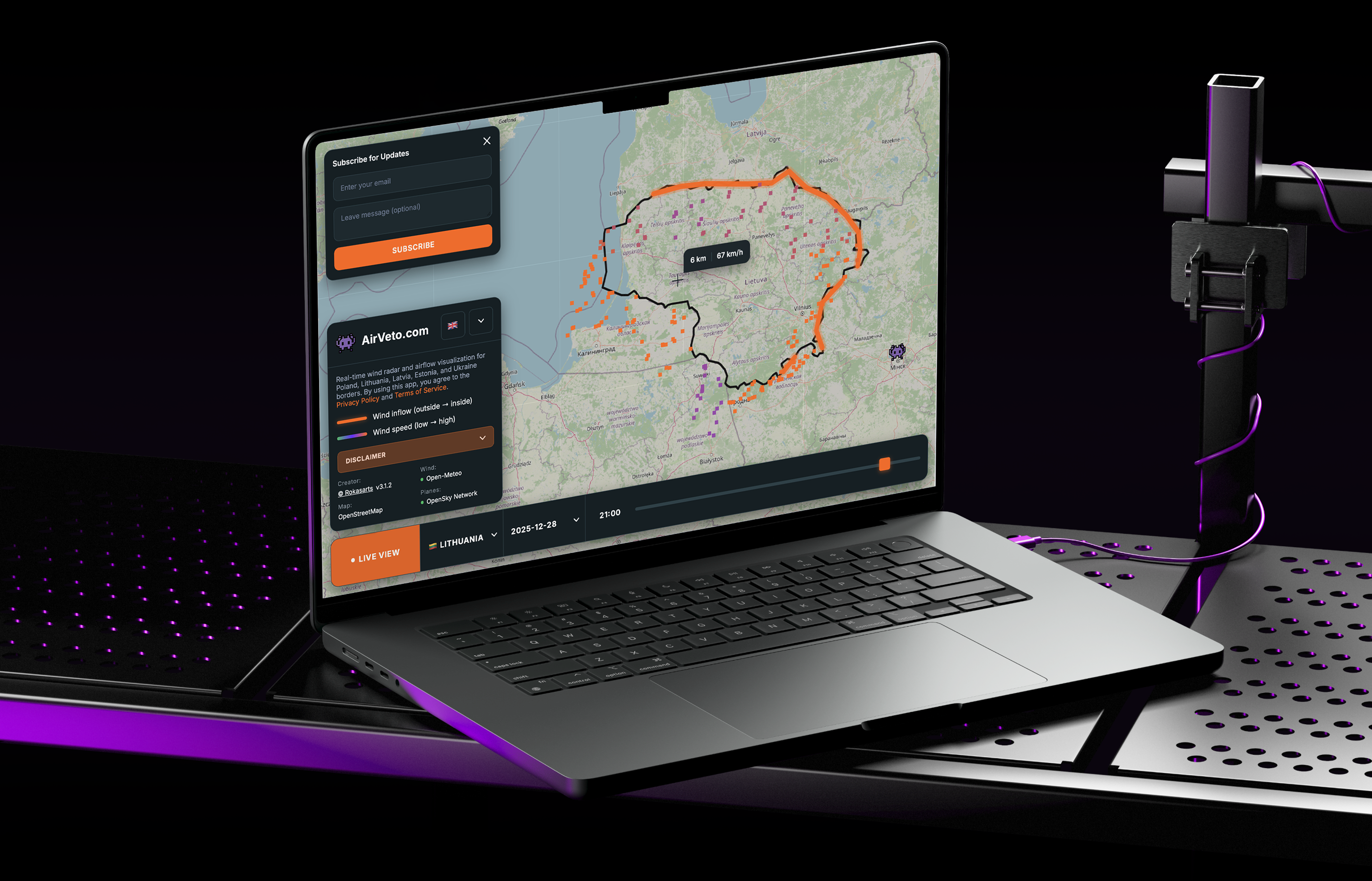 AirVeto wind map showing balloon trajectory prediction across Lithuania
