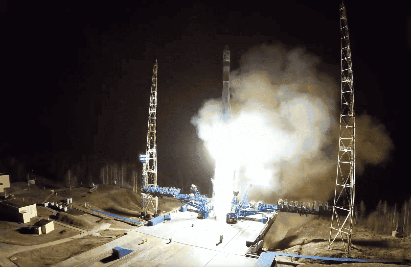 A Soyuz-2 rocket launches at night from Plesetsk Cosmodrome