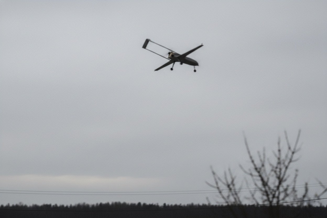 File photo — fixed-wing unmanned aerial vehicle photographed from a distance with foliage in foreground