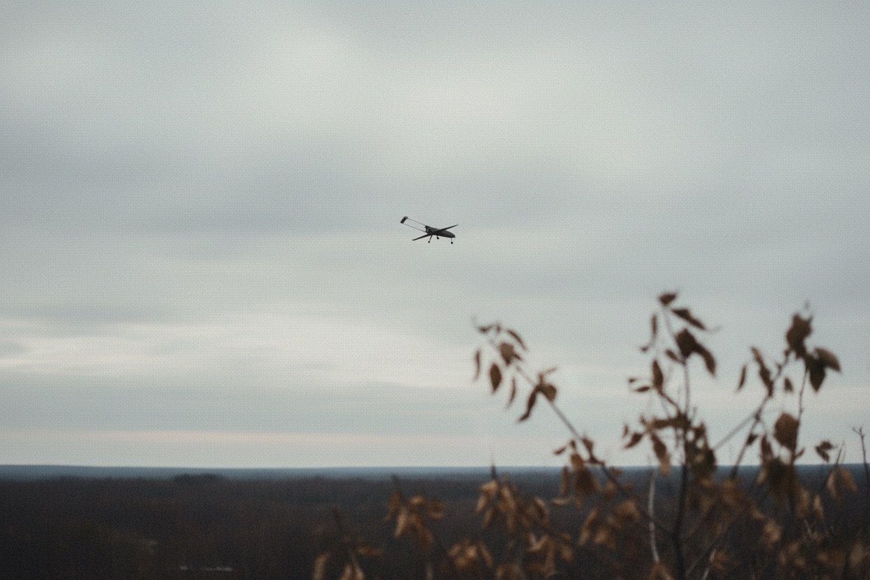 Fixed-wing unmanned aerial vehicle in flight — illustrative