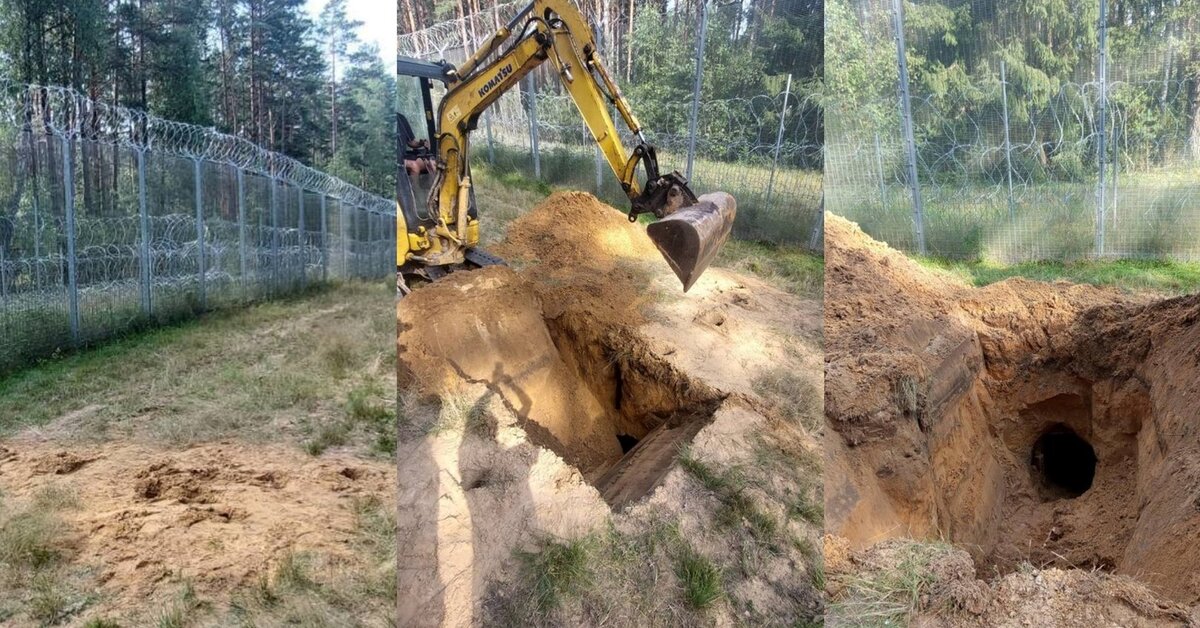 Left: the border fence above the dig site. Centre: an excavator uncovering the tunnel. Right: the exposed tunnel opening. Latežeris village, Druskininkai municipality, 4 August 2026. Photo: VSAT, via 15min.lt.