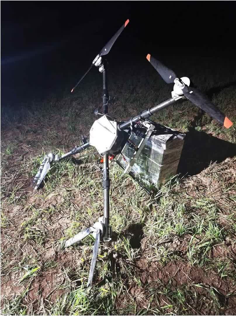 The recovered cargo drone in a field near Norviliškės