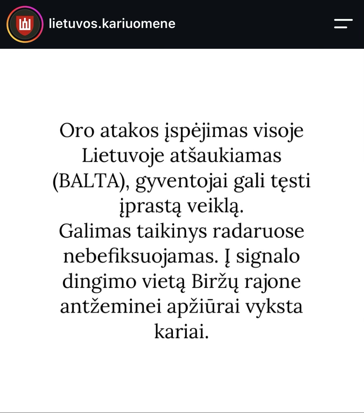 Screenshot of the Lithuanian Armed Forces Instagram post cancelling the air alert across Lithuania