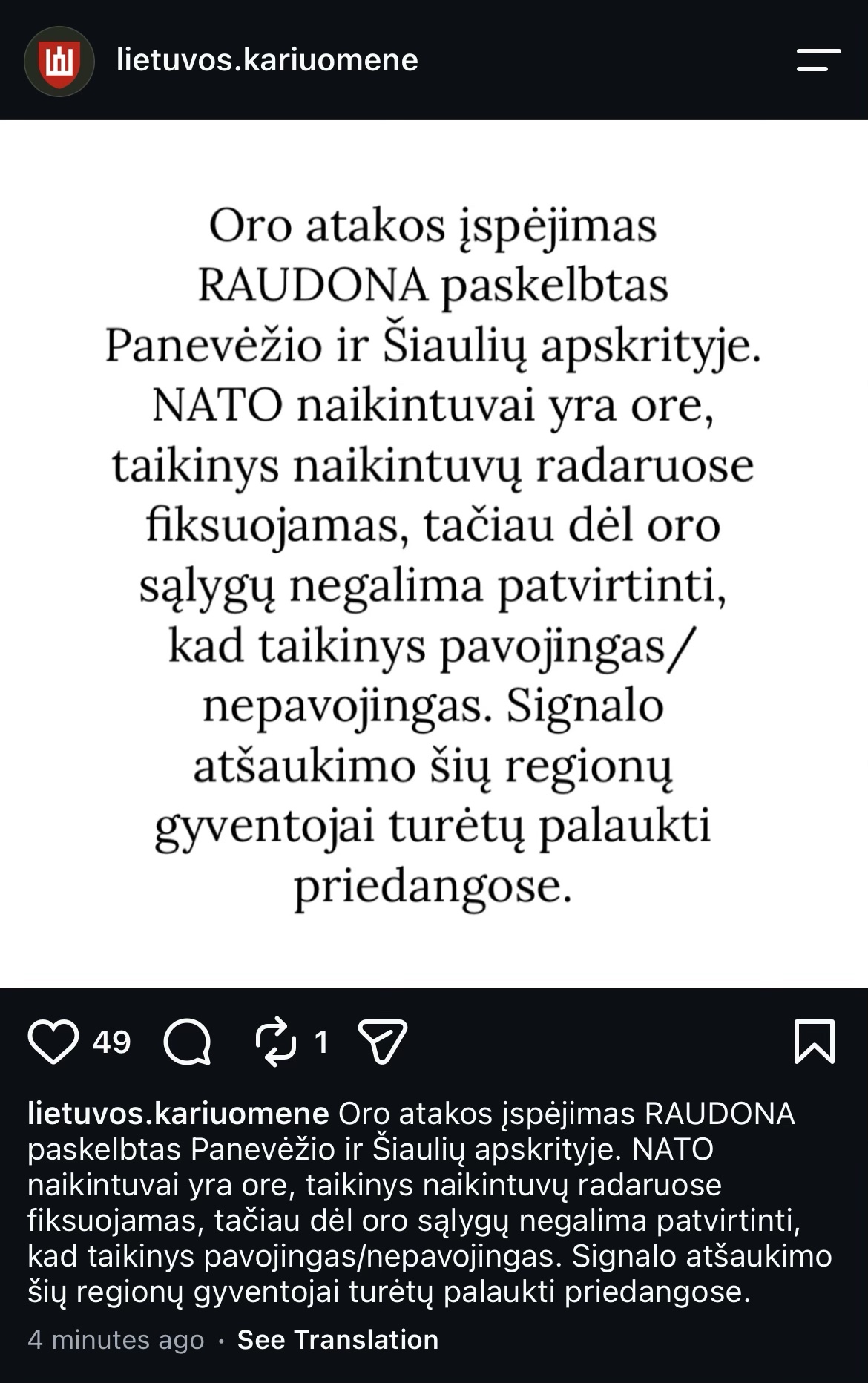 Screenshot of the Lithuanian Armed Forces Instagram post on the red air alert for Panevėžys and Šiauliai counties