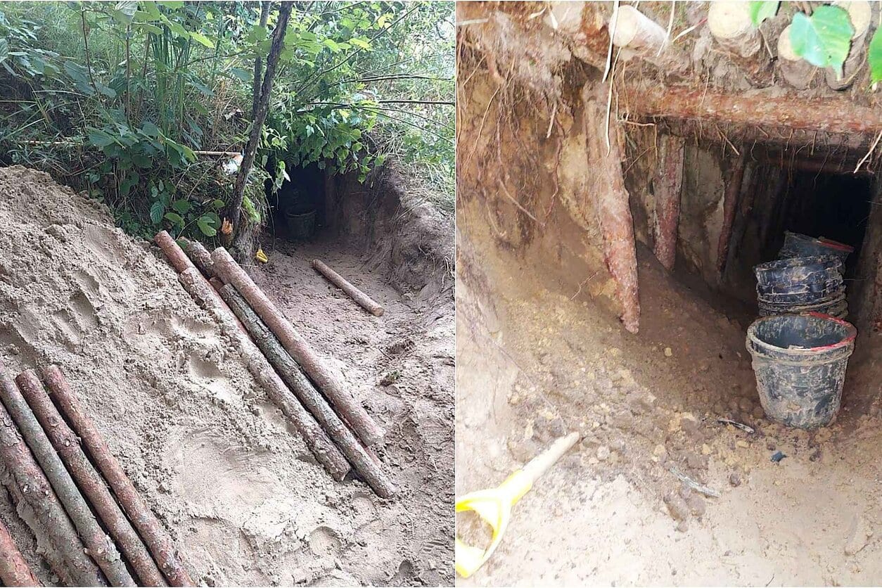 The tunnel found near Pertakas, Lazdijai district, on July 26, 2026. Left: the entrance with excavated sand and logs prepared as supports. Right: the tunnel mouth with buckets used to remove soil. Photo: VSAT.