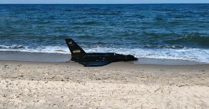 The Gerbera-type drone lying in the surf on the beach at Rusinowo, Poland