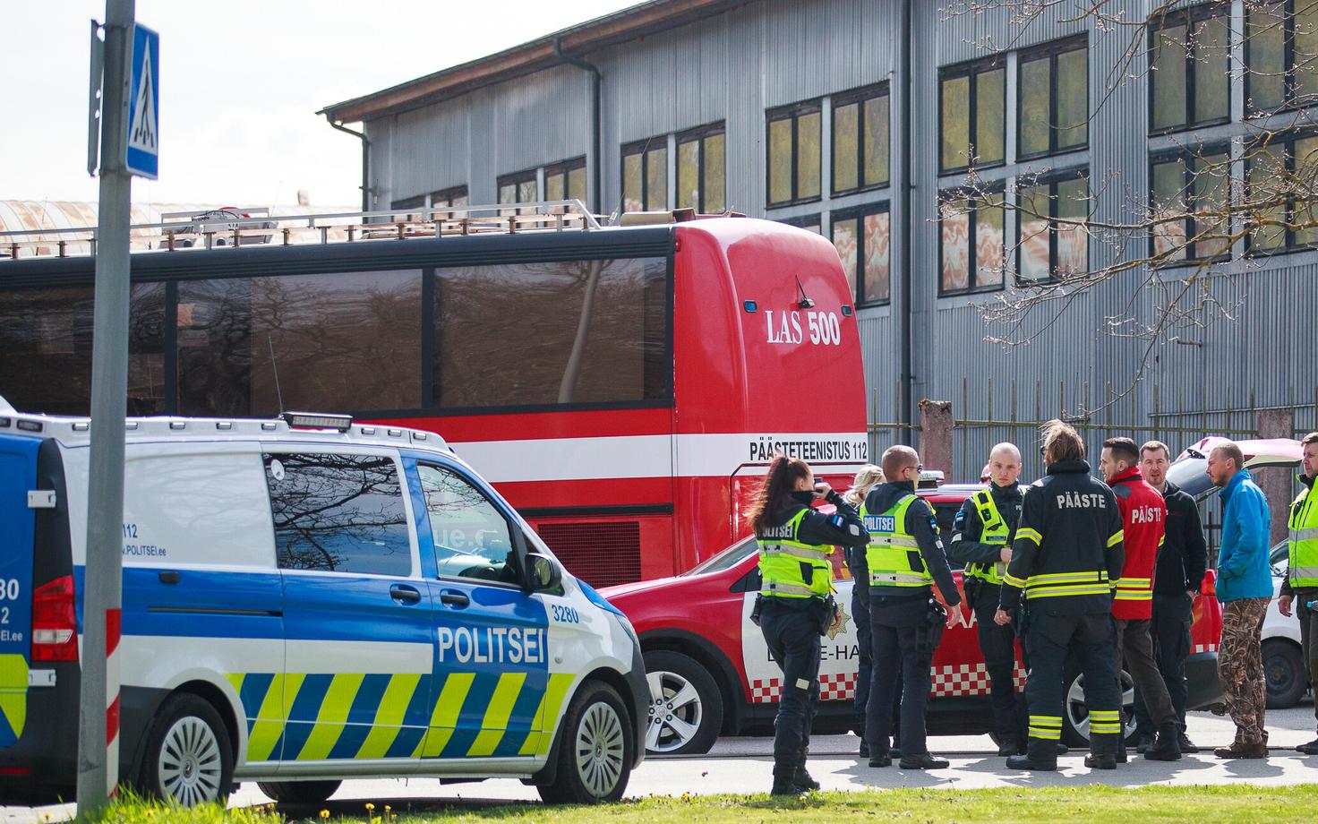 Estonian police and fire crews outside the Milrem Robotics building on Betooni tänav, Tallinn, after the 15 August 2026 fire