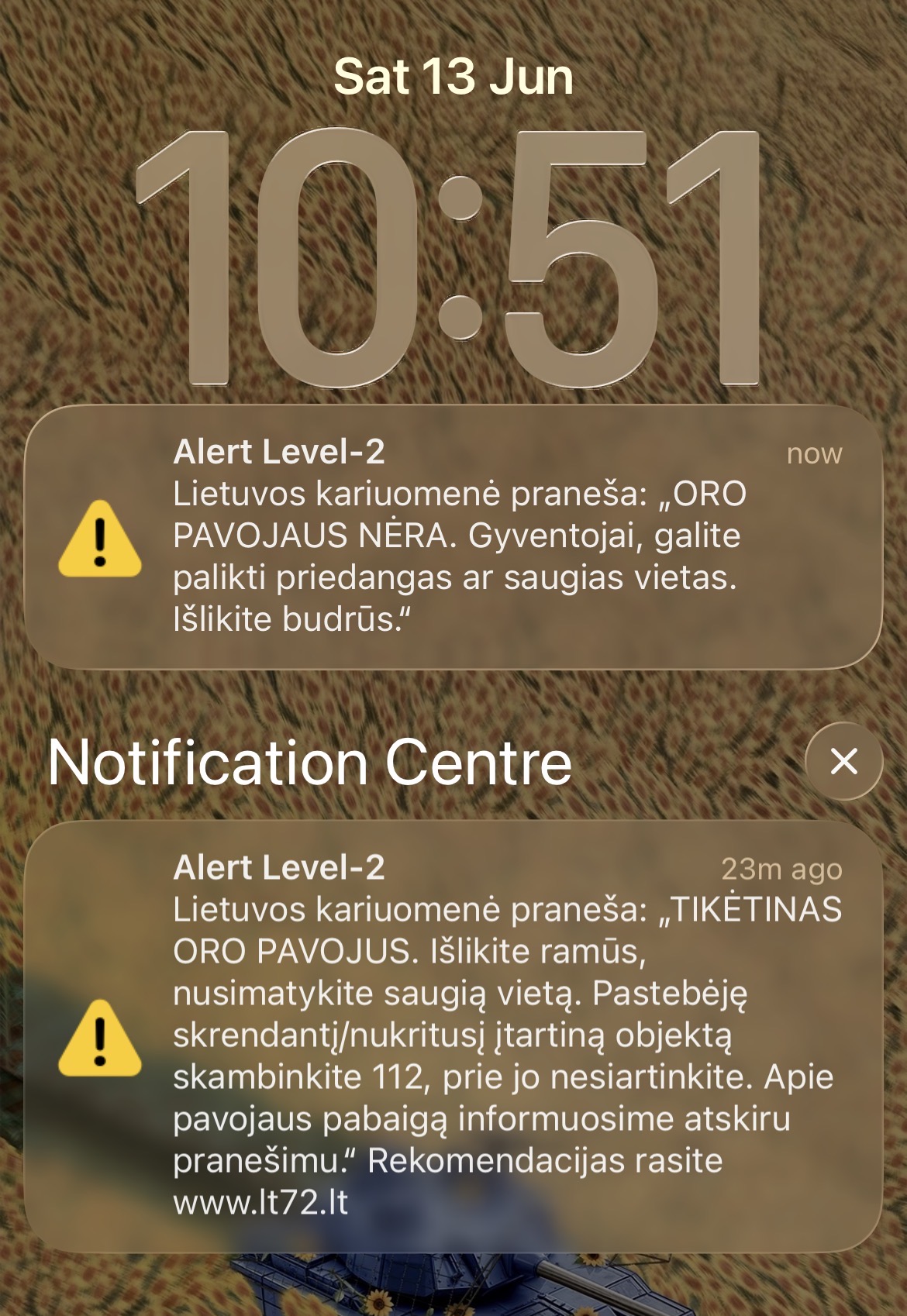 Lithuanian Armed Forces all-clear notification alongside the original Level-2 alert, 13 June 2026