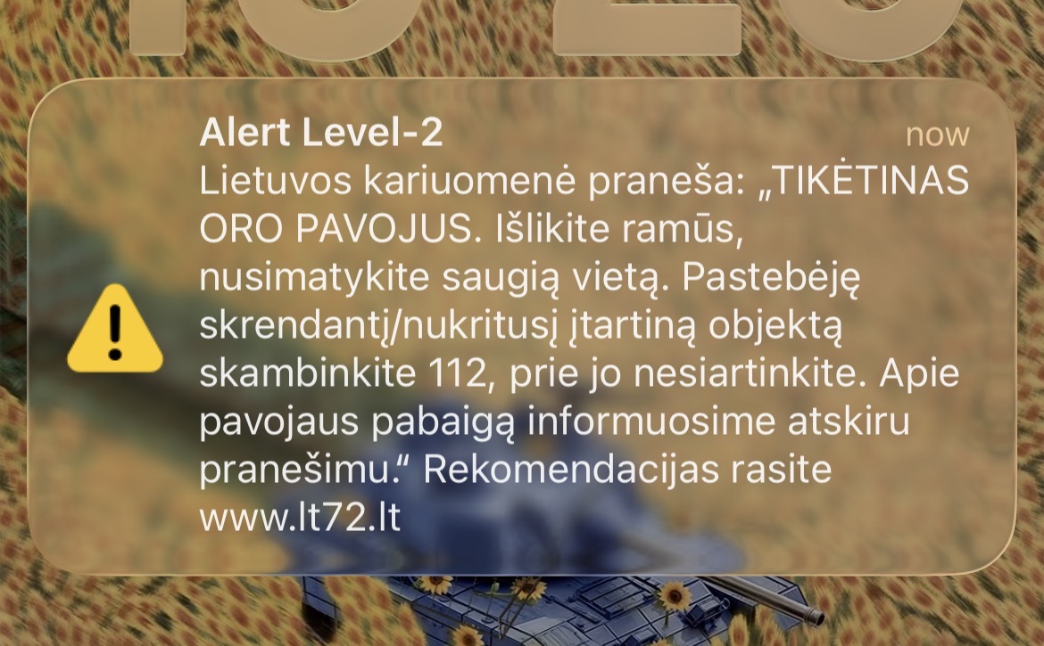 Lithuanian Armed Forces Level-2 "probable air threat" cell-broadcast alert, 13 June 2026