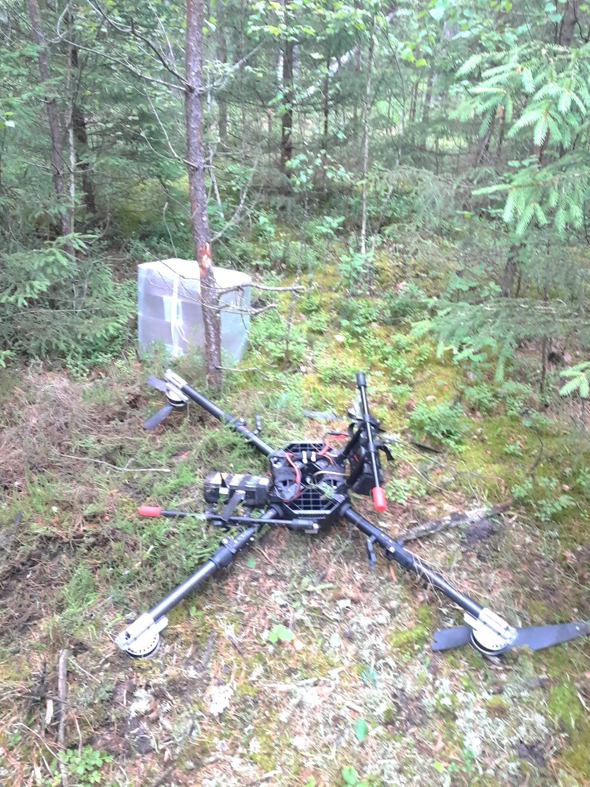 Single drone recovered in forest with white cargo container visible above
