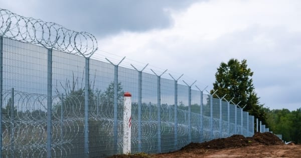 The completed Latvia-Belarus border fence, razor wire and steel mesh along the tree line