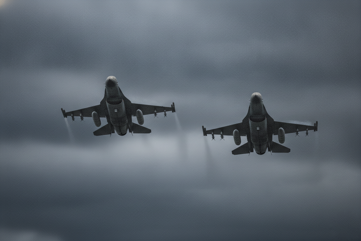 Associative image — Two NATO F-16 fighter jets flying in formation through overcast skies