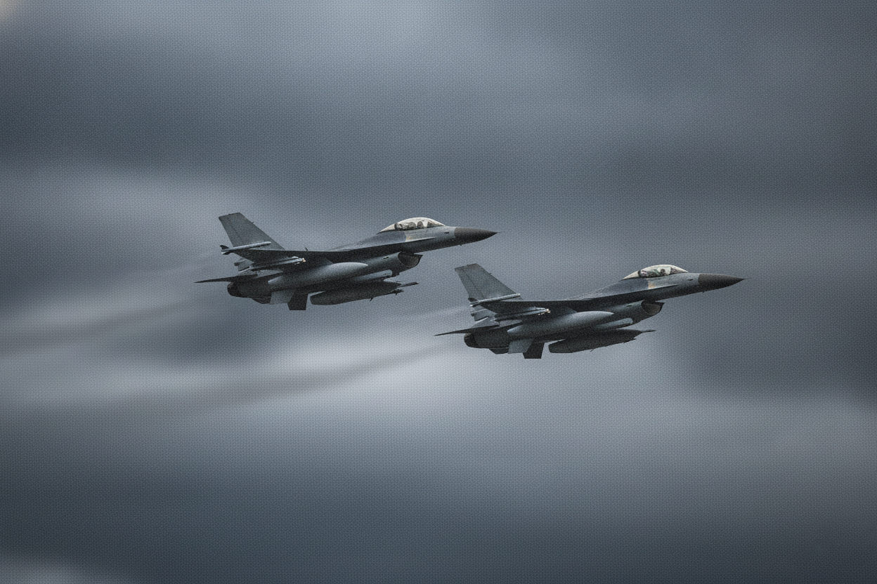 Associative image — Two NATO F-16 fighter jets in close formation over overcast Baltic Sea skies