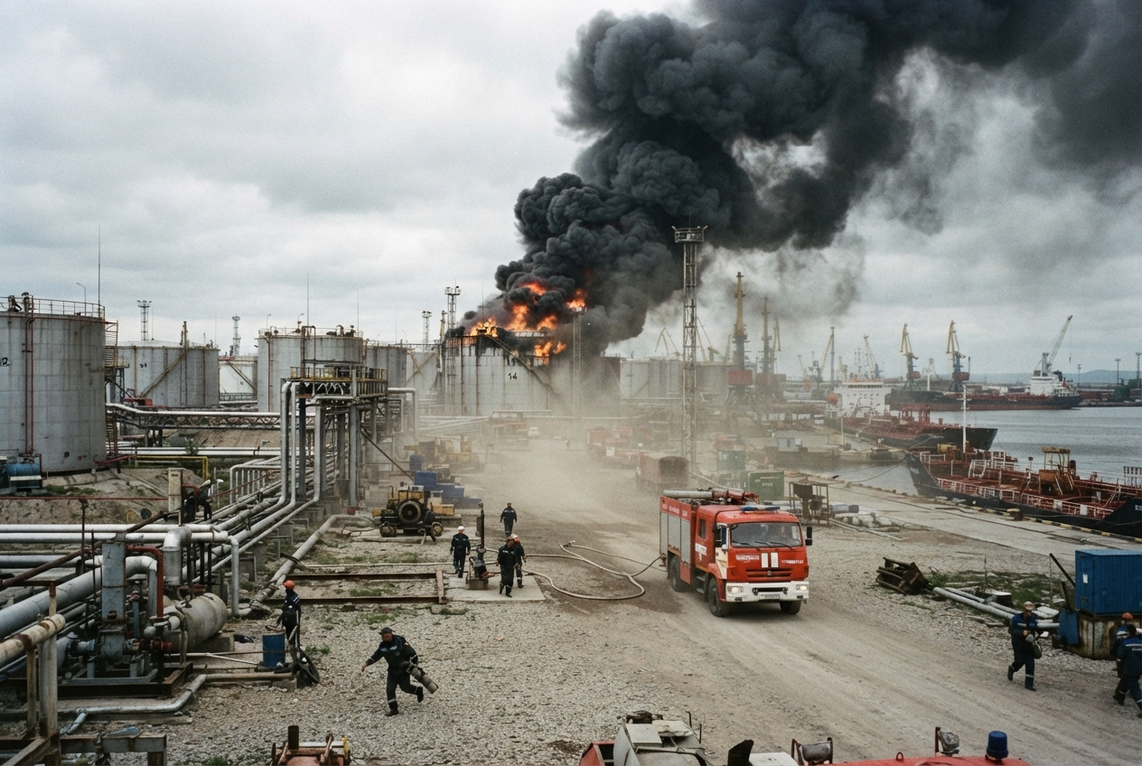 An industrial fire burning at night, sending flames and smoke into the sky