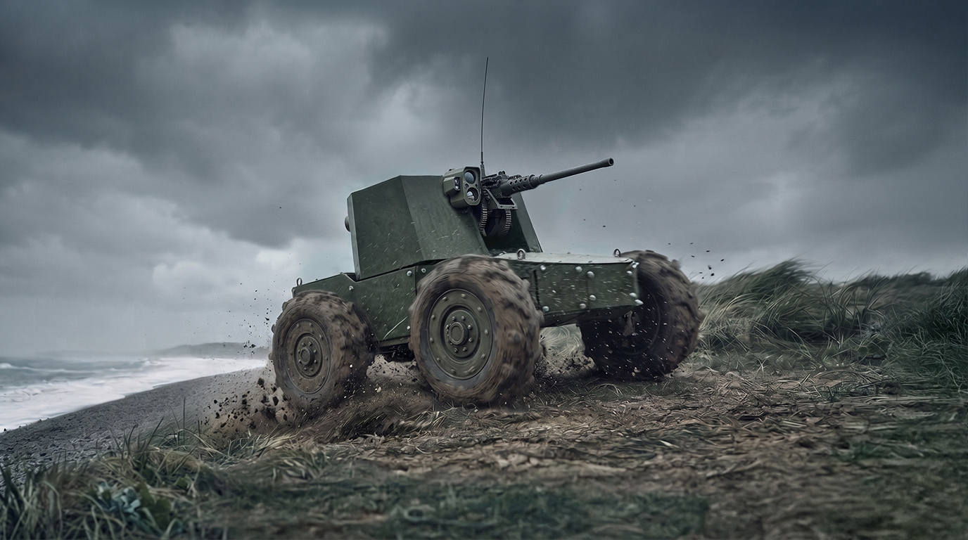 Associative image — an armed wheeled unmanned ground vehicle moving across a beach under a stormy sky, surf visible in the background
