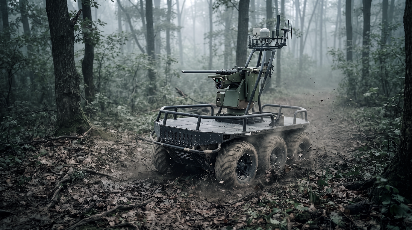 Armed wheeled UGV moving through a forest track